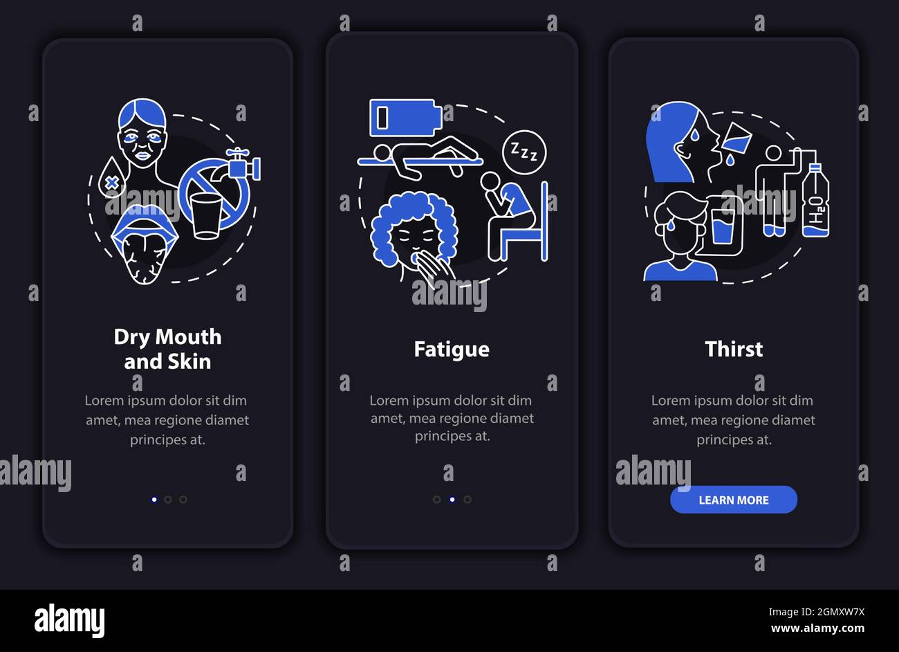 Dehydration symptoms dark onboarding mobile app page screen Stock Vector