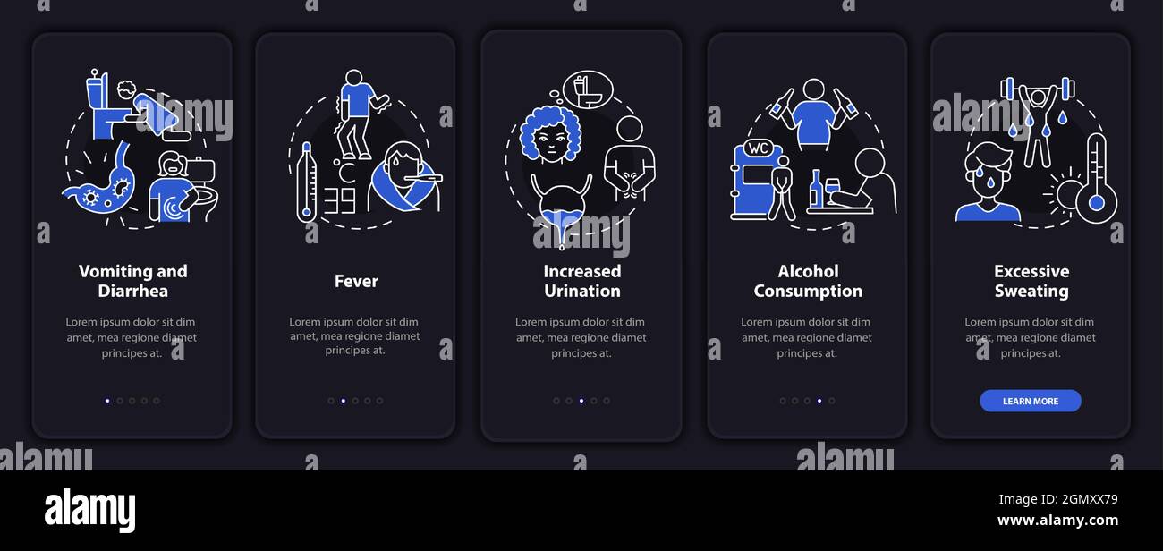 Dehydration causes dark onboarding mobile app page screen Stock Vector