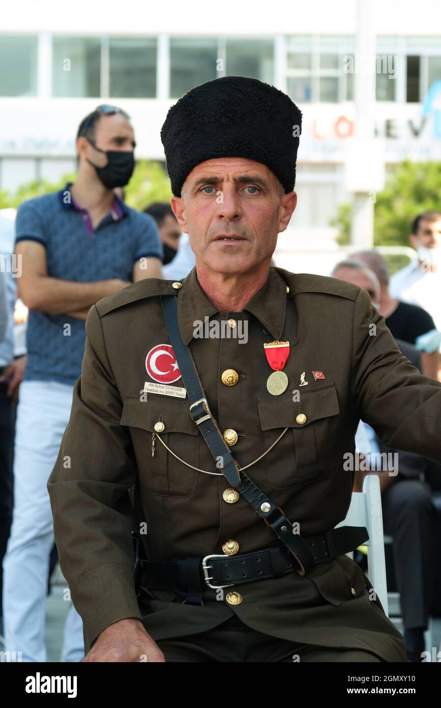 Izmir, Turkey - September 9, 2021: Related of Canakkale War martyr Ridvan Yilmazer on the ceremony of liberty day of Izmir Stock Photo