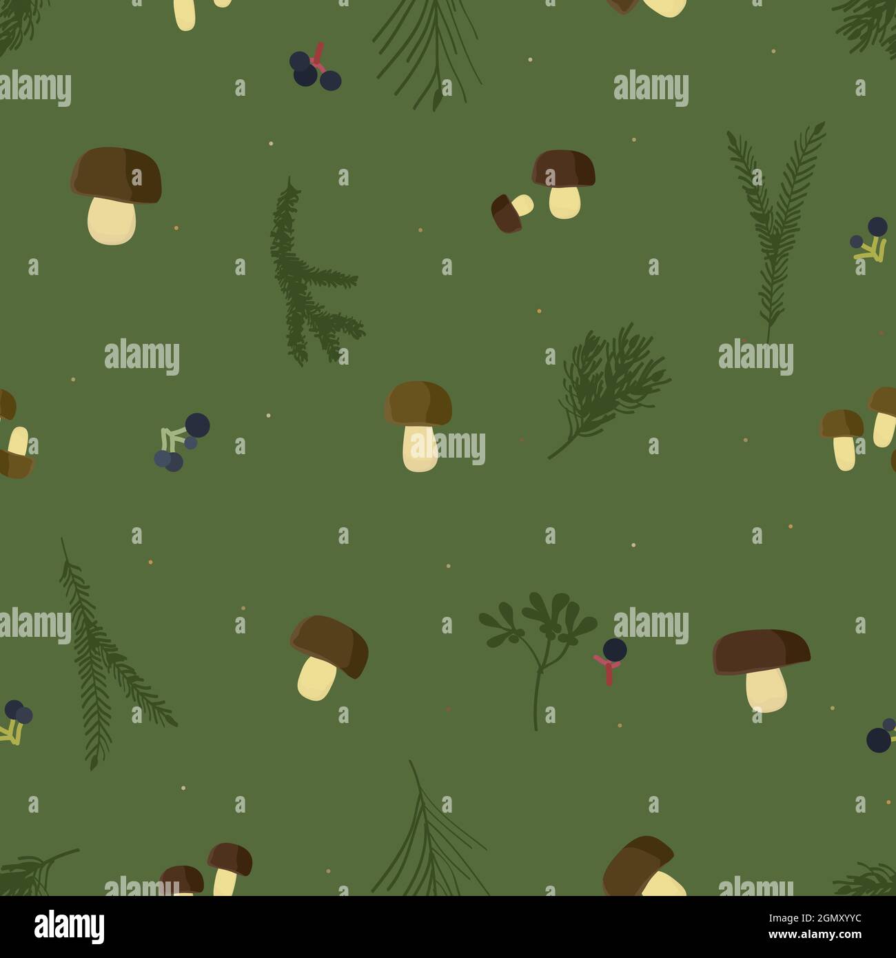 Forest mushrooms and tree branches - vector background Stock Vector