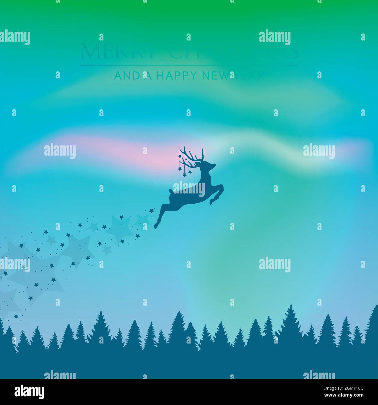 magic flying reindeer christmas design with polar lights Stock Vector