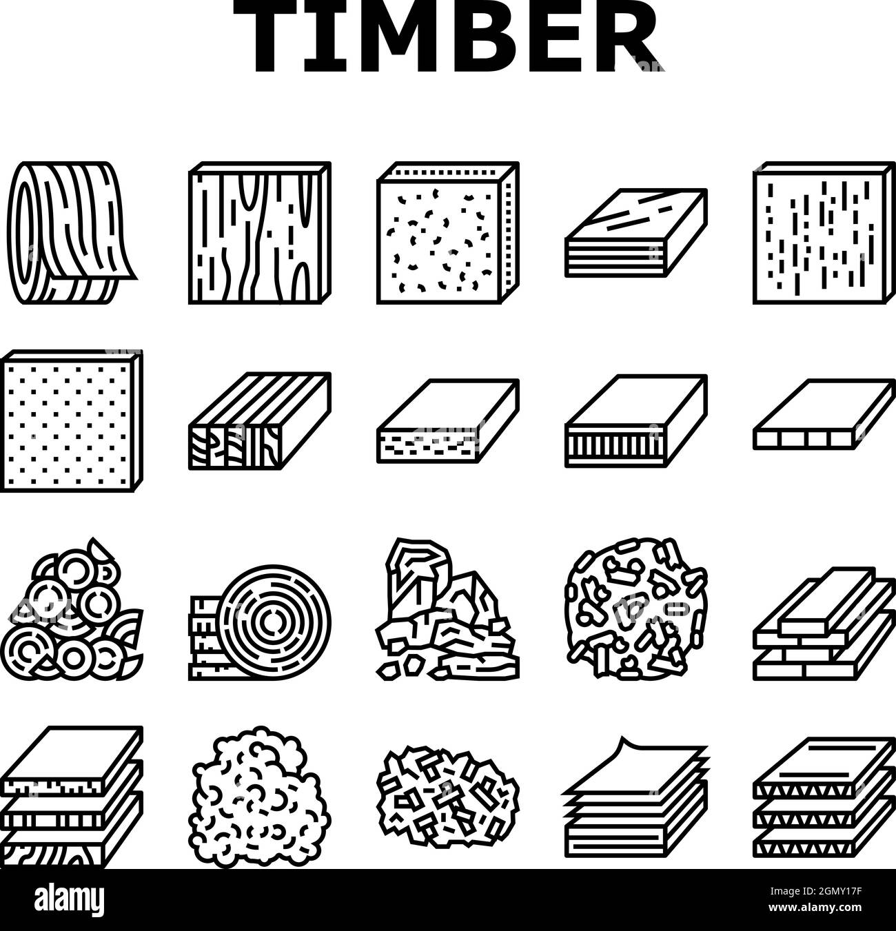 Timber Wood Industrial Production Icons Set Vector. Fiber Board And Round Wooden Desk, Pellets And Plywood Timber Line. Charcoal And Paper List Sheet Stock Vector