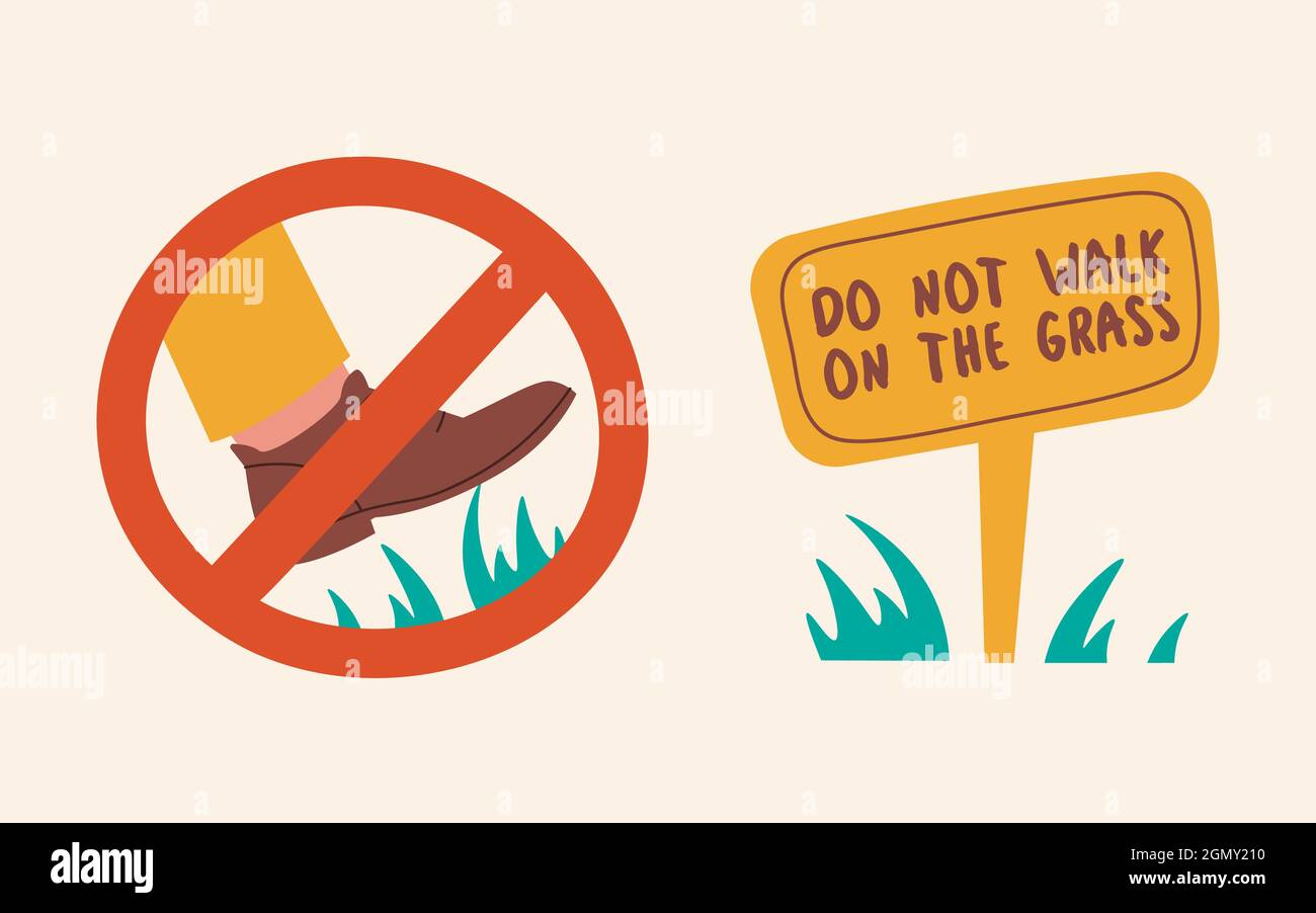 Prohibitory sign Do not walk on the grass. Foot stepping on the lawn. Cute illustrations for the rules. Stock Vector