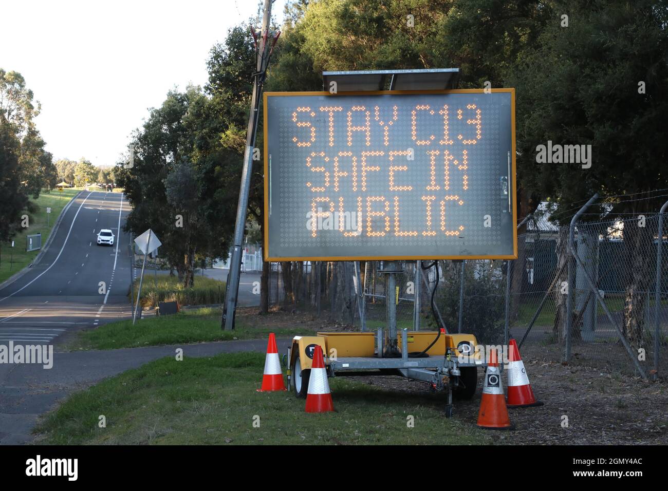 Sydney, Australia. 21st September 2021. Covid road sign on Jamieson Street, Sydney Olympic Park. Credit: Richard Milnes/Alamy Live News Stock Photo