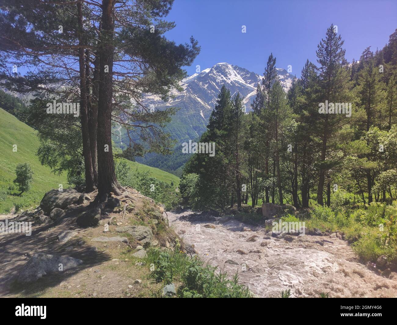 Beautiful landscape of a mountain river. A rapid flow of water from the glacier. Stock Photo