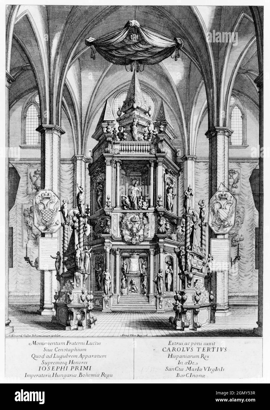 Tomb of Joseph I, Emperor of Hungary, King of Bohemia. Artist: Alexander Galli Bibiena (Italian, 1687- before 1769); Date: 1700-1769; Medium: Etching Stock Photo