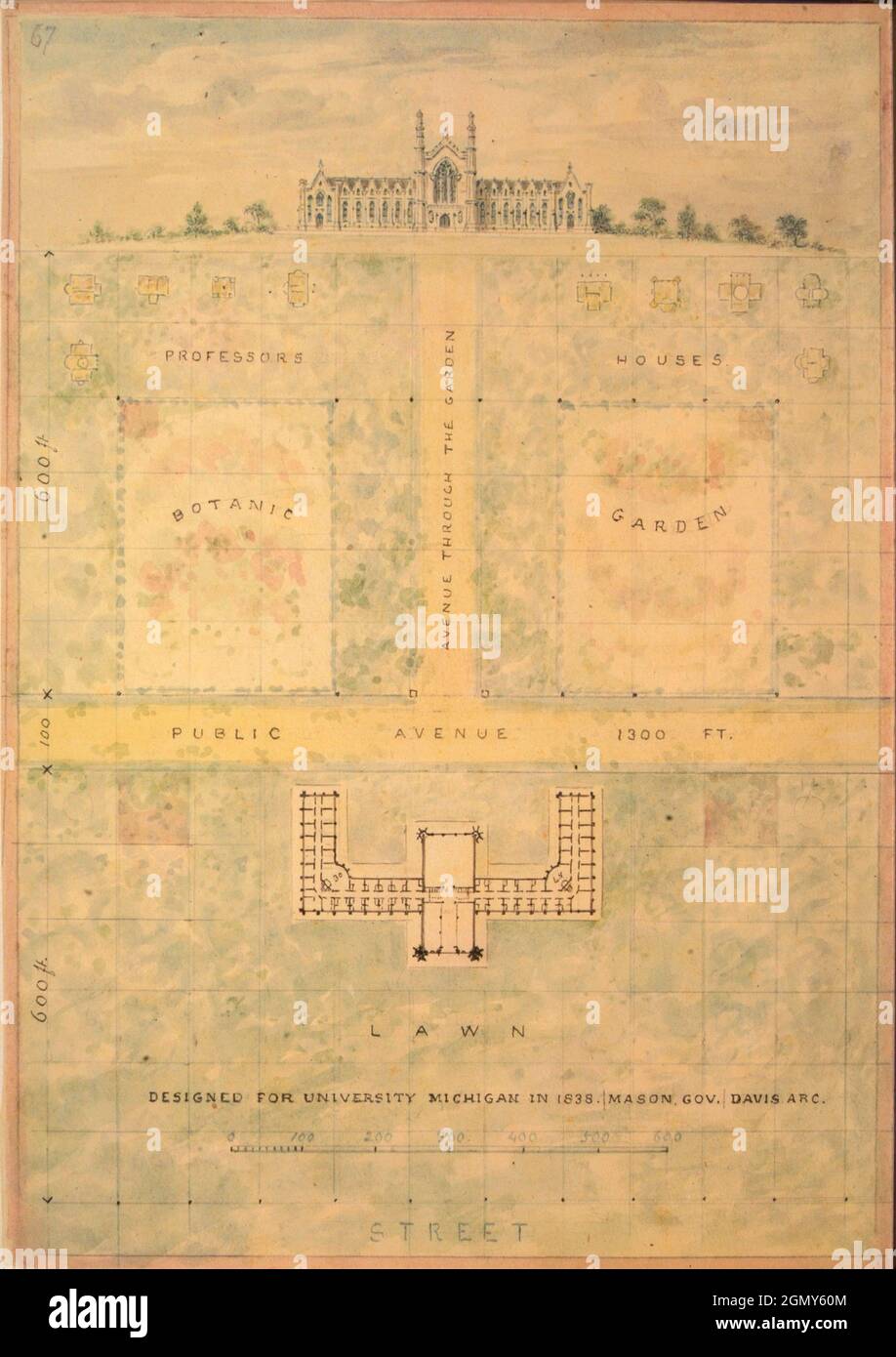 Design for University of Michigan (elevation and plan of building and grounds). Artist: Alexander Jackson Davis (American, New York 1803-1892 West Stock Photo