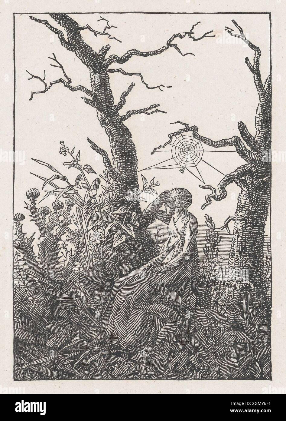 Seated Woman with a Spider´s Web (Die Frau mit dem Spinnennnetz zwischen kahlen Baumen). Artist: Cut by Christian Friedrich (German, 1770-1843); Stock Photo