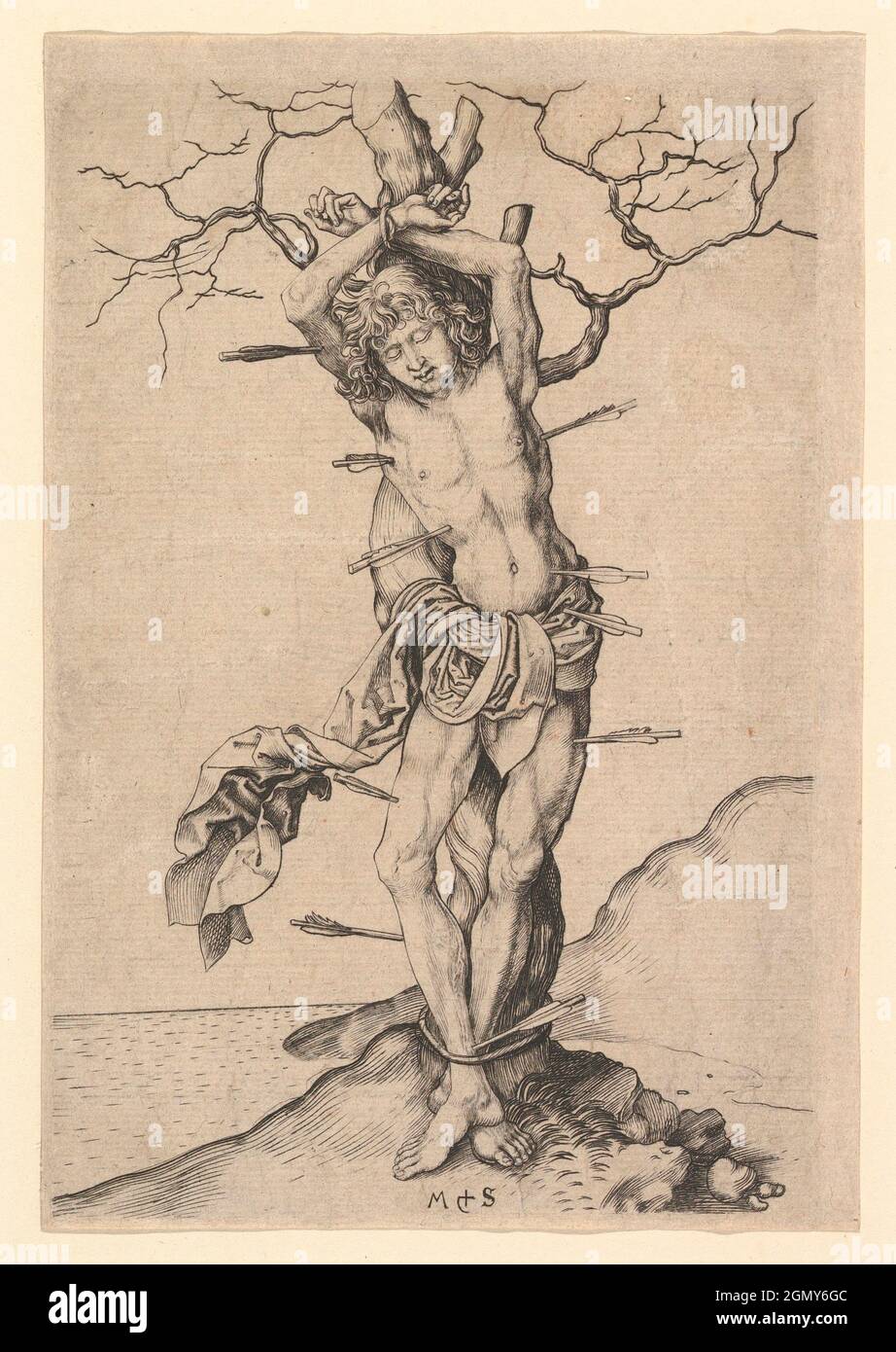 Saint Sebastian. Artist: Martin Schongauer (German, Colmar ca. 1435/50-1491 Breisach); Date: 15th century; Medium: Engraving; Dimensions: Sheet: 6 Stock Photo