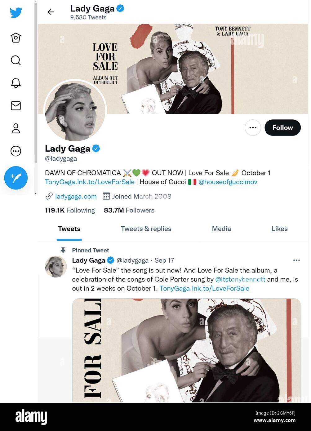 Twitter page (Sept 2021) of Lady Gaga Stock Photo