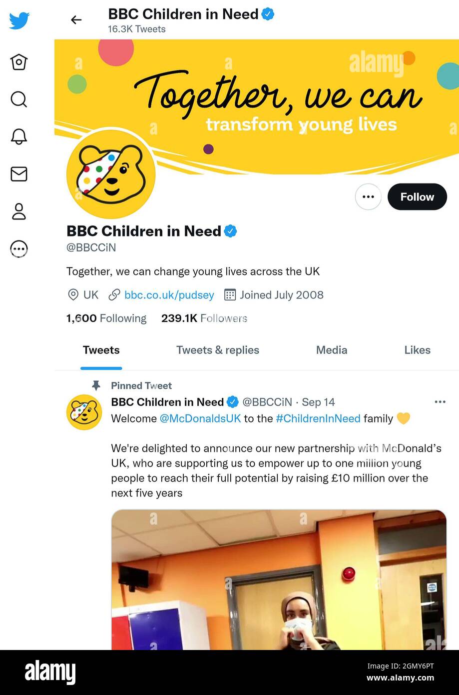 Twitter page (Sept 2021) of BBC Children In Need Stock Photo