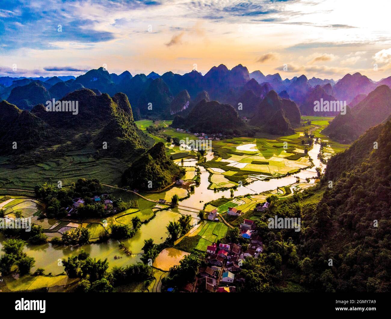 Phong Nam valley with rice field in Cao Bang province northern Vietnam