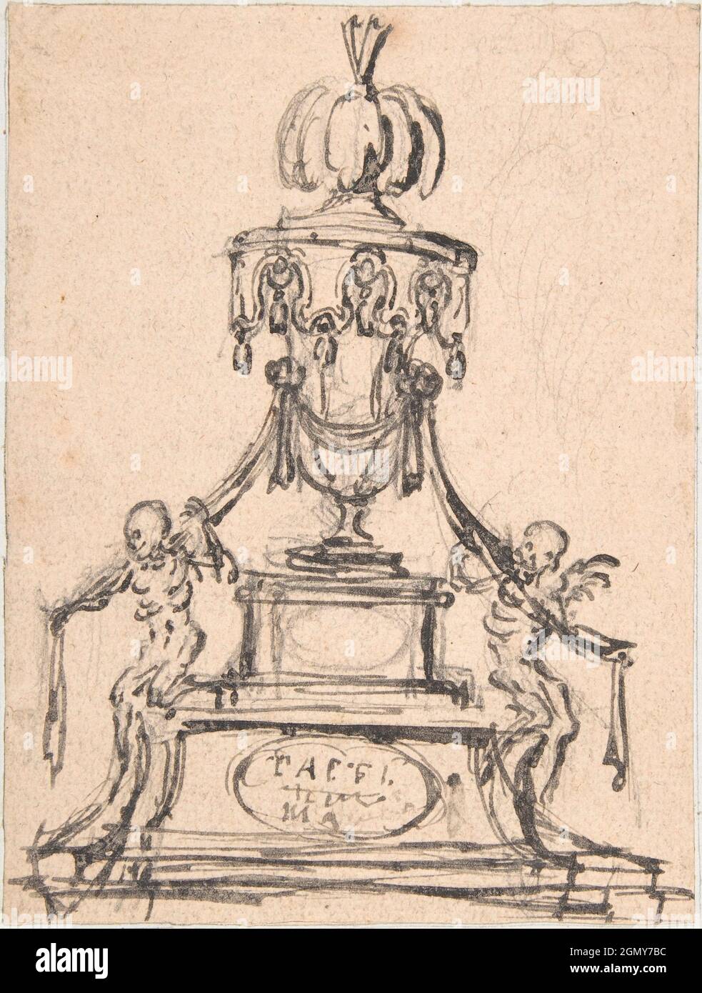 Tomb Monument with Skeletons. Artist: Anonymous, Italian, 17th century; Date: 17th century; Medium: Pen and brown ink, over graphite underdrawing; Stock Photo