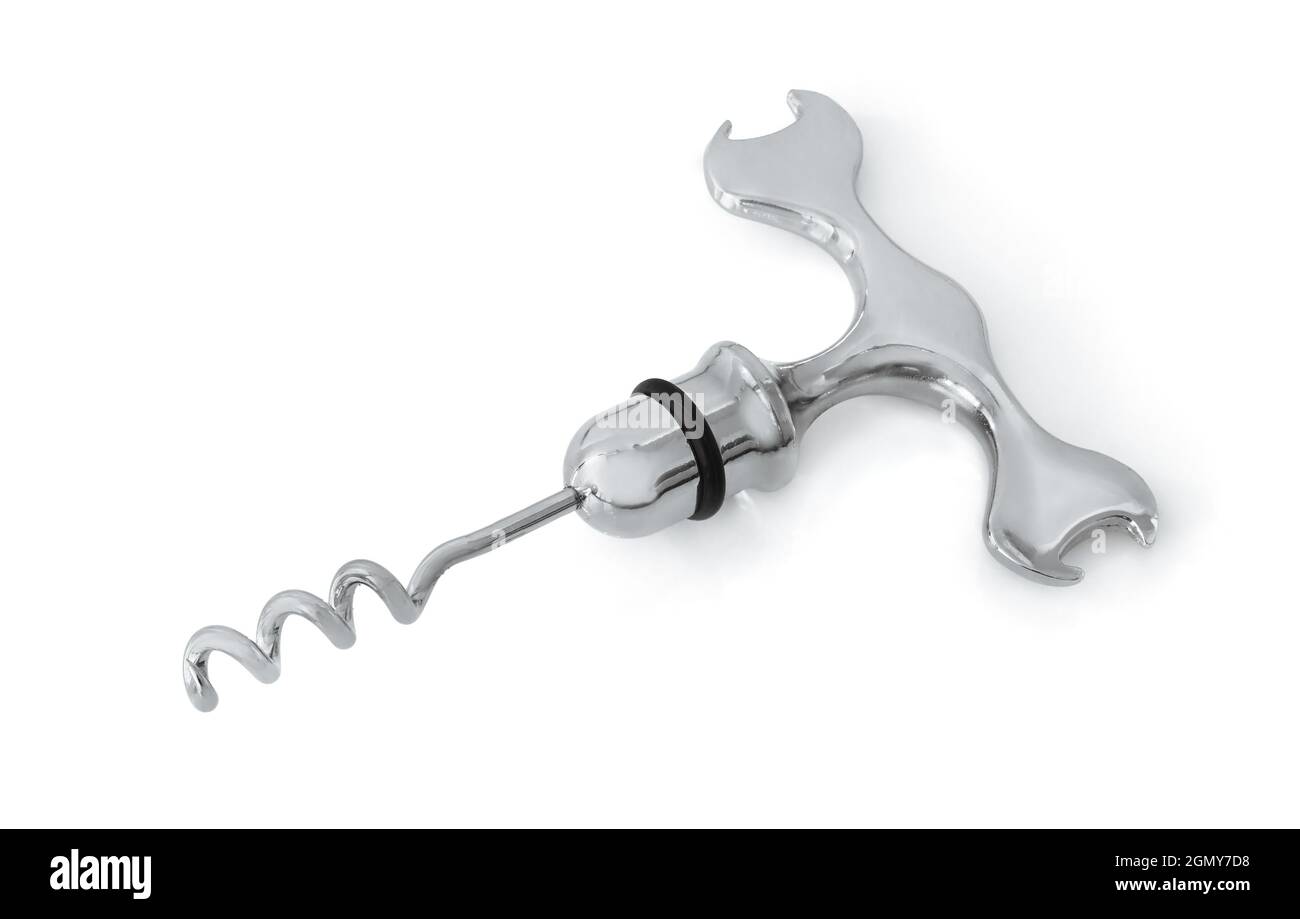Stainless steel corkscrew isolated on white Stock Photo