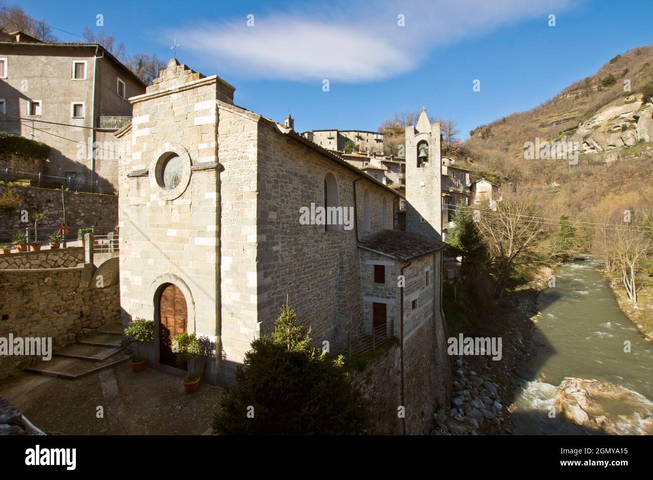 Church of Santa Maria delle Piane, Tronto River, Quintodecimo, Acquasanta Terme, Ascoli Piceno, Marche, Italy, Europe Stock Photo
