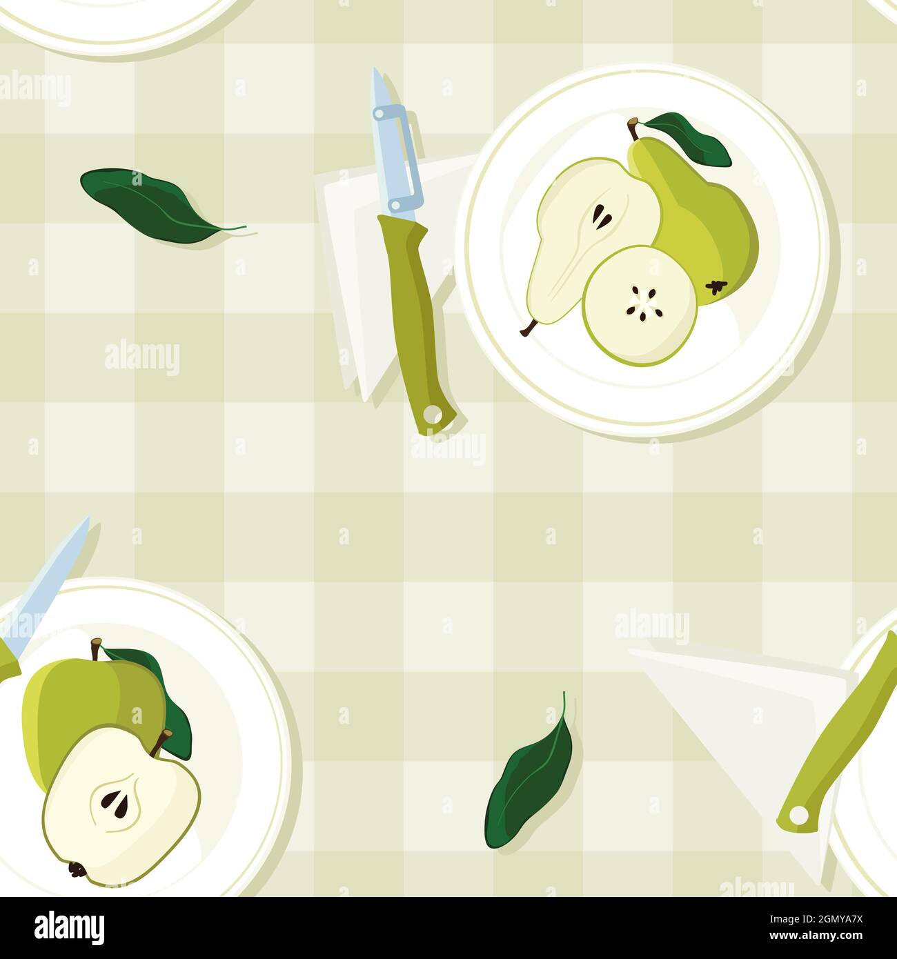 Apple and pear on a plate - vector background Stock Vector