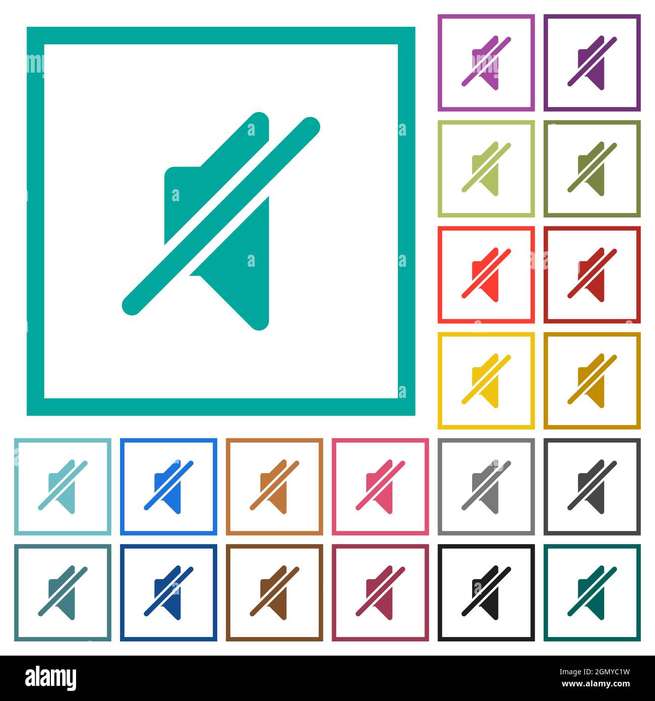 Mute solid flat color icons with quadrant frames on white background Stock Vector