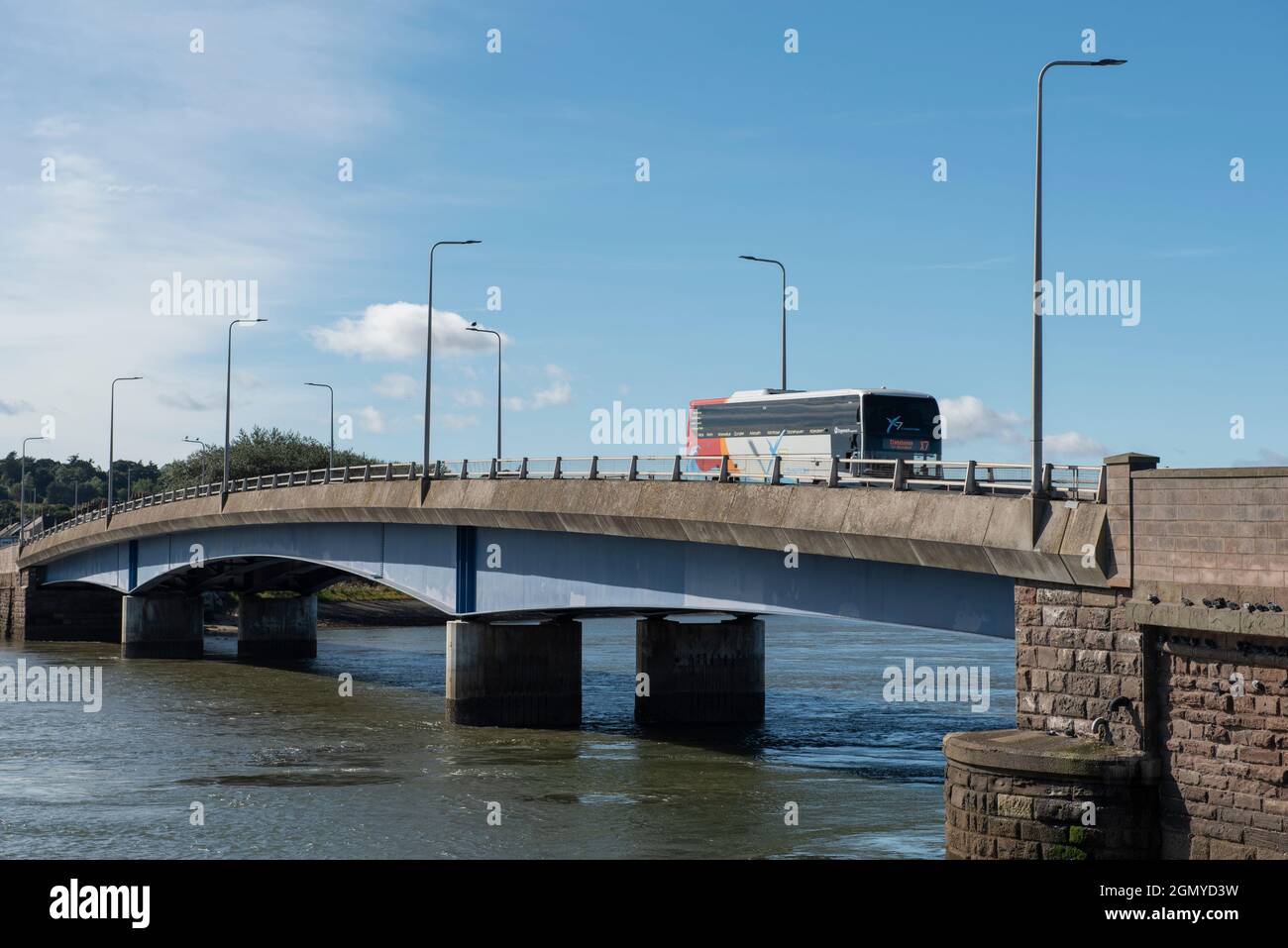 View of the road bridge crossing the South Esk River taken from Wharf Street, Montrose, Angus, Scotland. Stock Photo