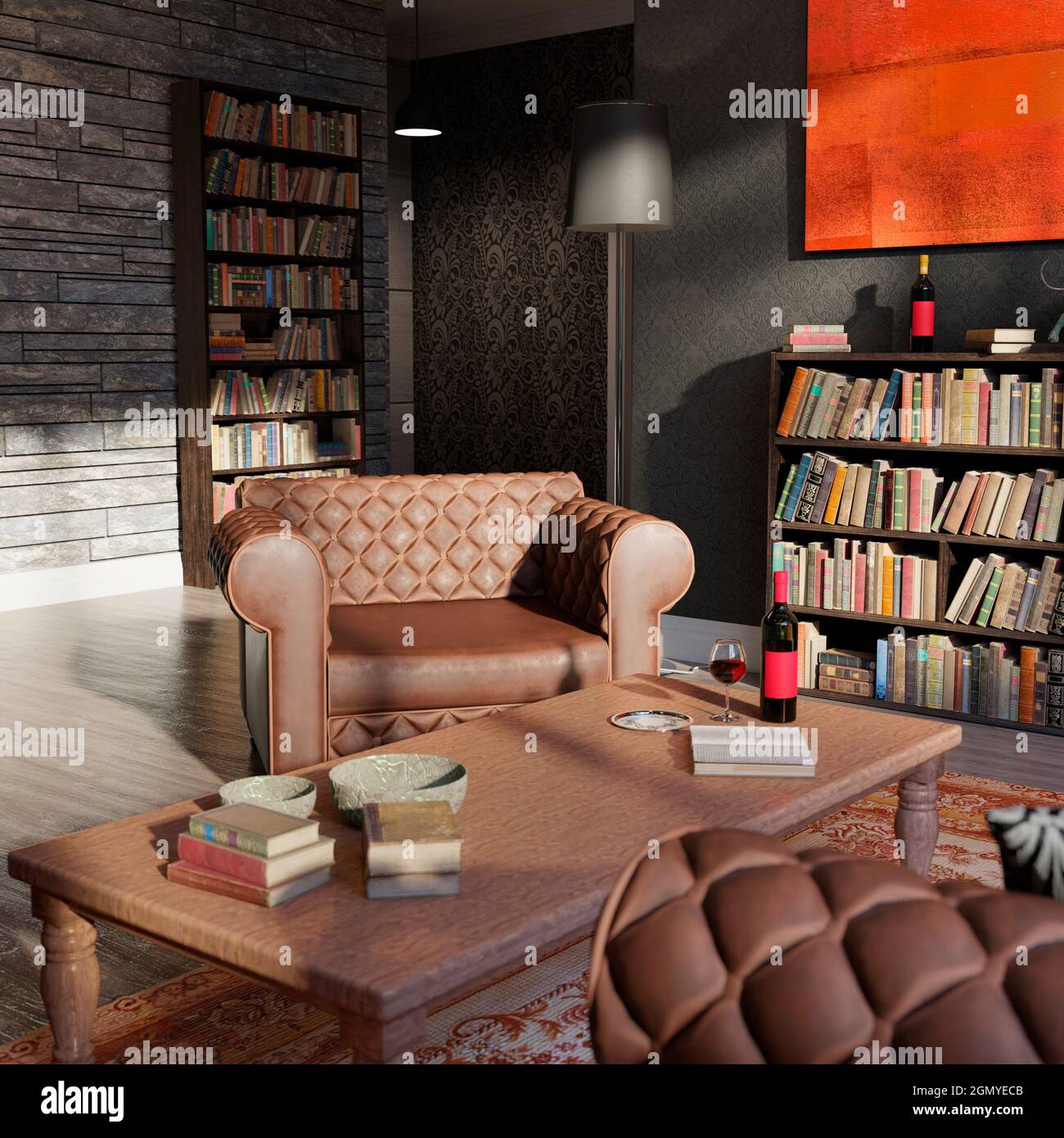 3D rendering of a private library interior Stock Photo - Alamy
