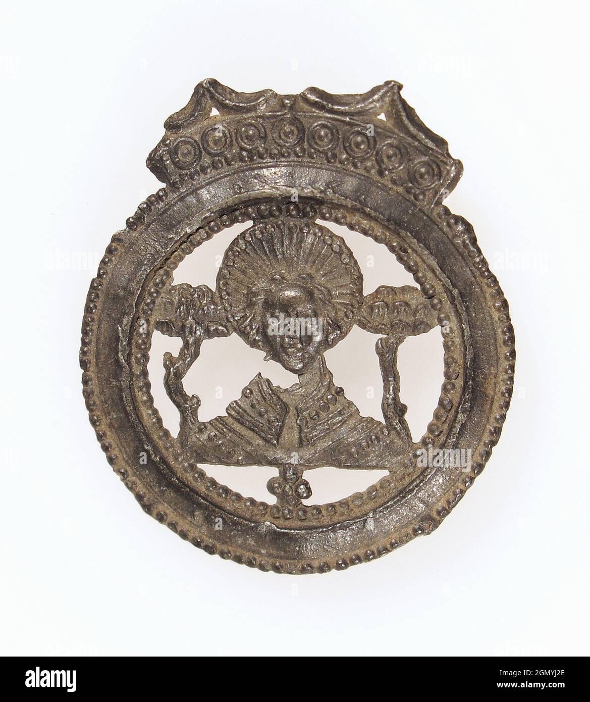 Pilgrim´s Badge. Date: 14th-16th century; Culture: French; Medium: Lead; Dimensions: Overall: 1 x 1 in. (2.6 x 2.5 cm); Classification: Metalwork-Lead Stock Photo