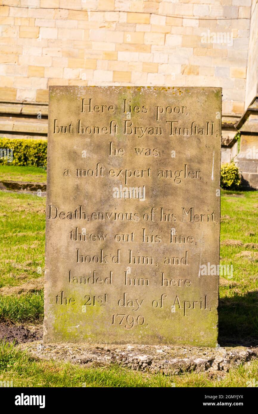 Funny gravestone to Bryan Tunstall in The Cathedral Church of St Peter and St Wilrid graveyard, Ripon City, West Riding of north Yorkshire, England. Stock Photo
