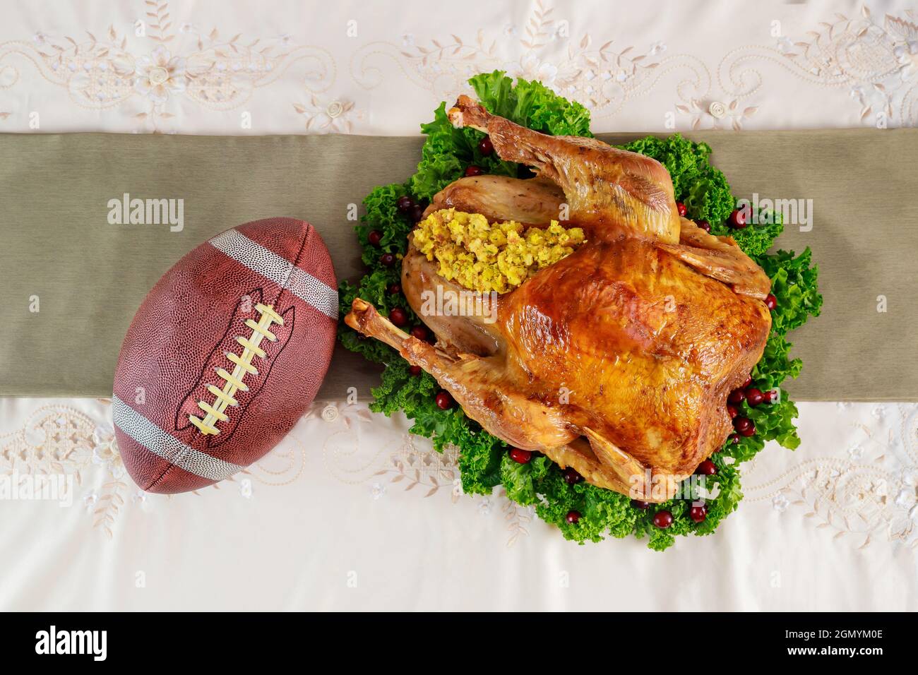 Roasted turkey with lather football ball. Thanksgiving football concept  Stock Photo - Alamy