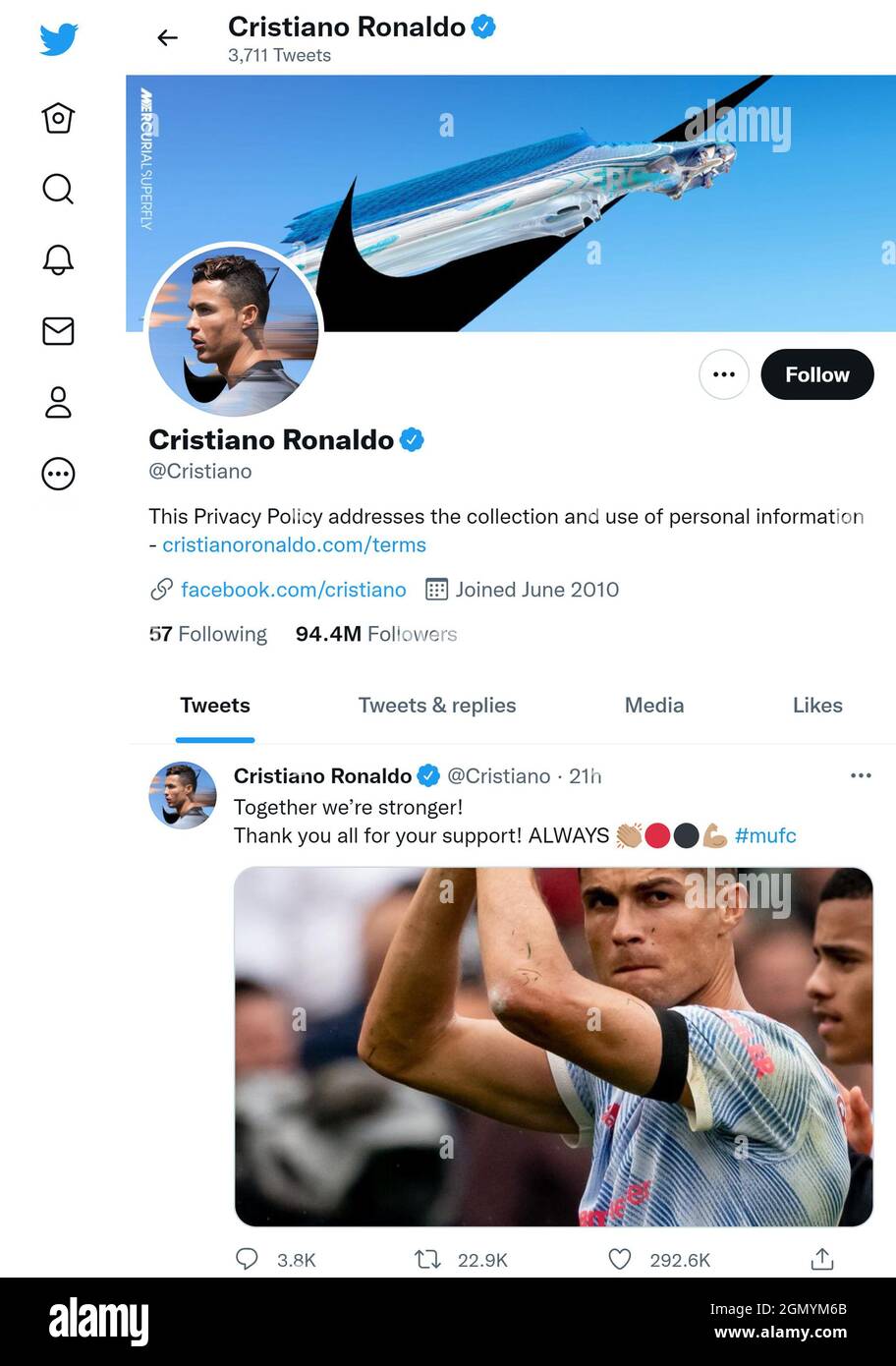 Twitter page (Sept 2021) of Christiano Ronaldo Stock Photo
