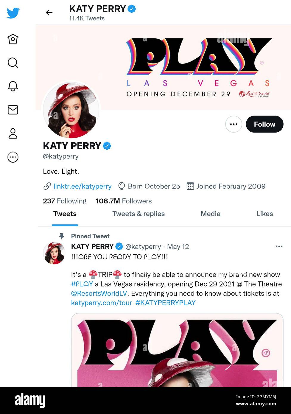 Twitter page (Sept 2021) of Katy Perry Stock Photo