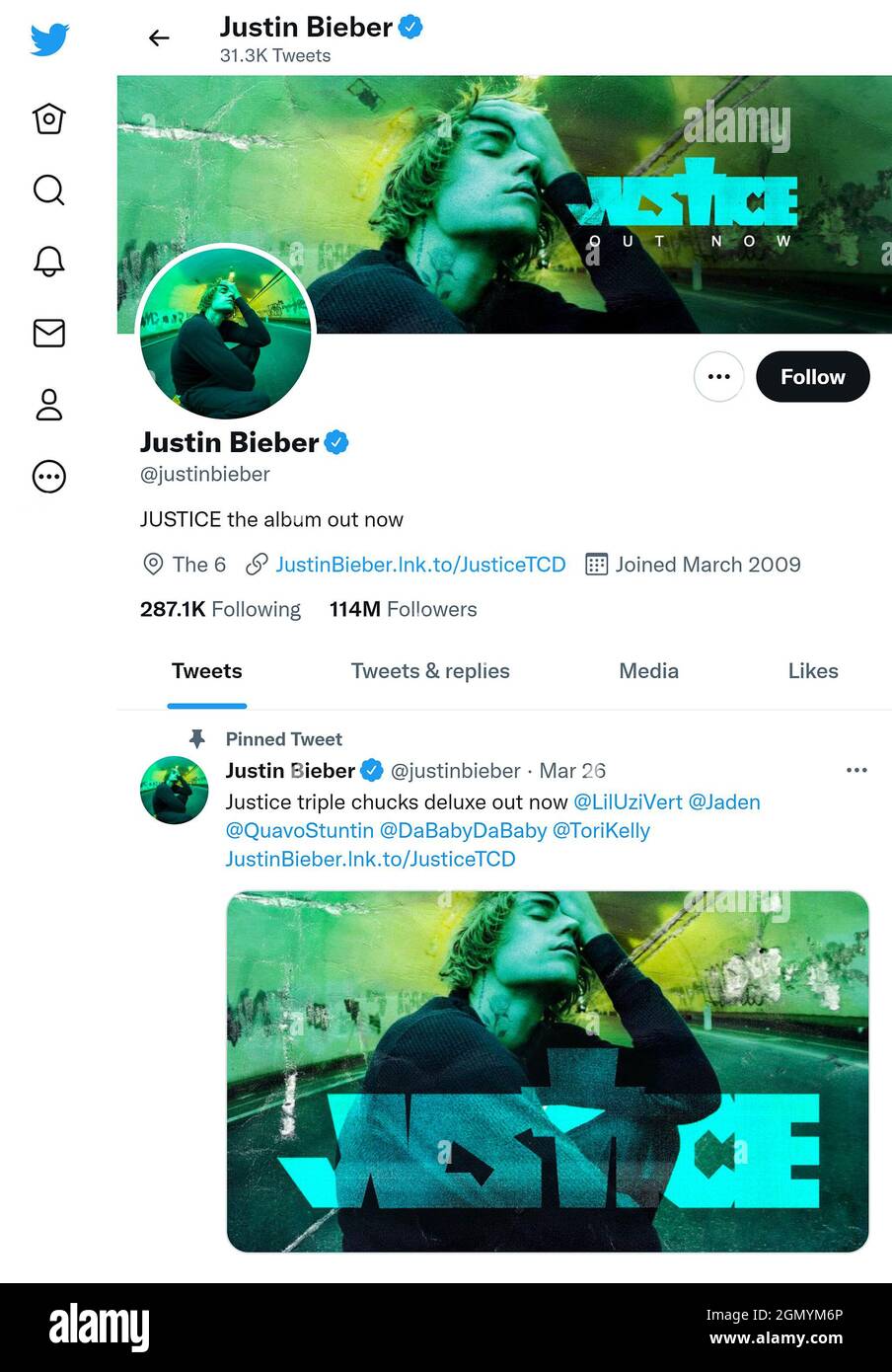Twitter Page (Sept 2021) Of Justin Bieber Stock Photo - Alamy