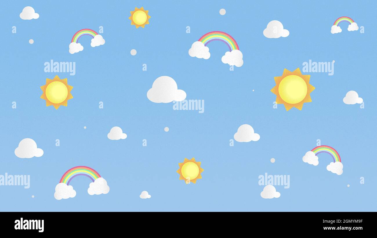 Seamless pattern illustration of rainbows, clouds and suns on a blue ...