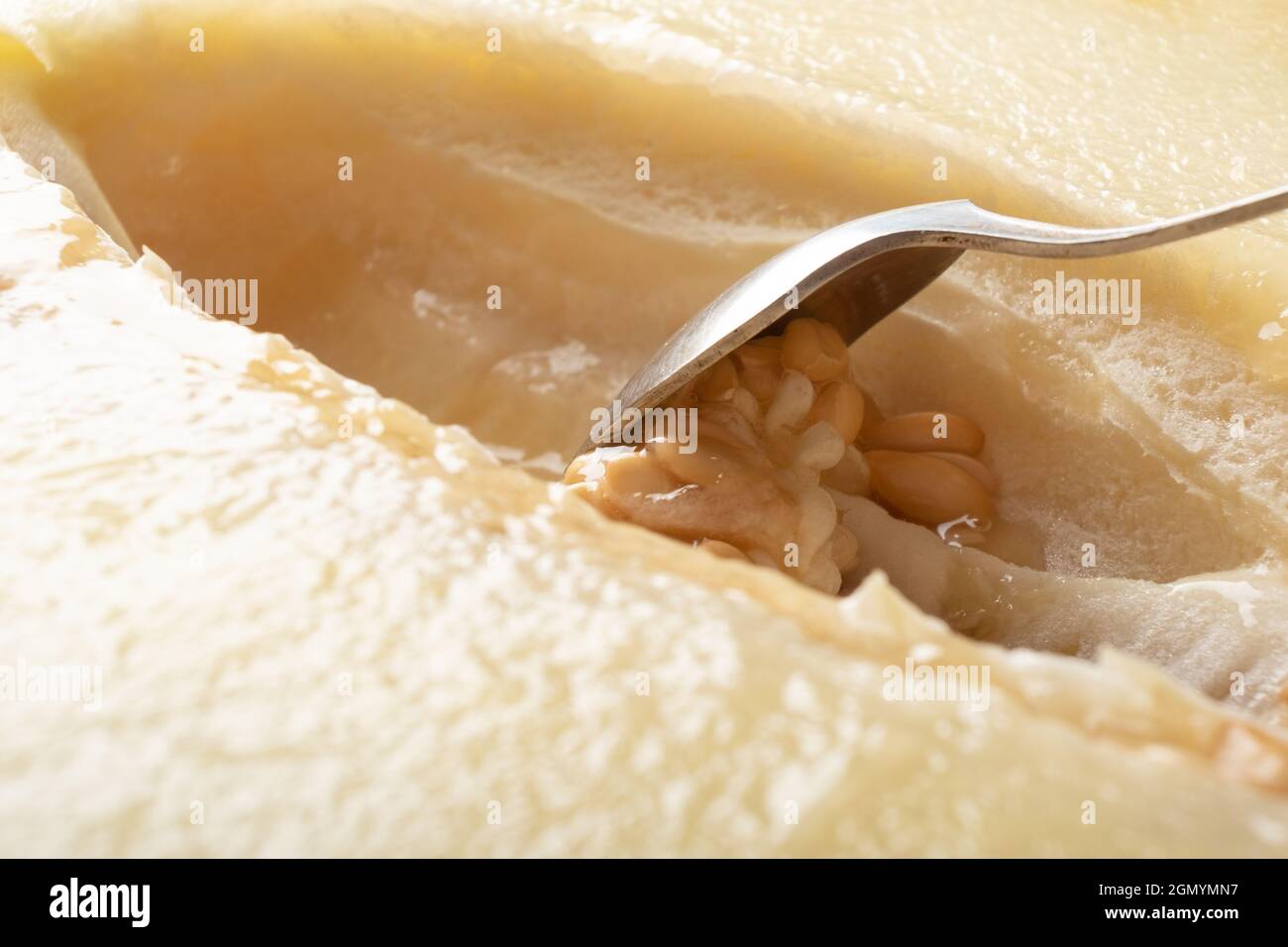 a spoon scrapes seeds from a juicy ripe melon close-up. Stock Photo