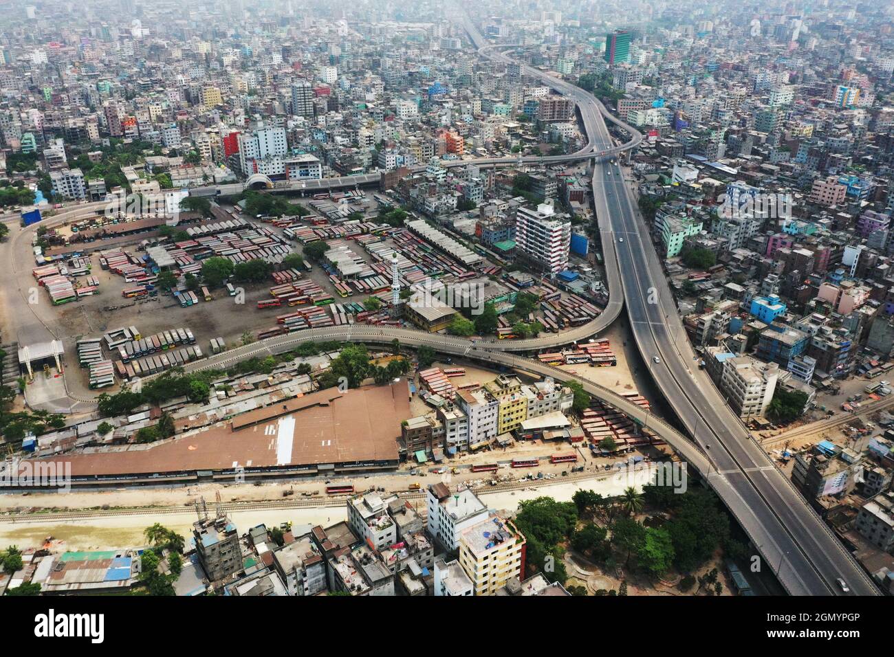 Dhaka, Bangladesh - April 15, 2021: The Bird's-eye view of Jatrabari area at Dhaka city in Bangladesh. Stock Photo