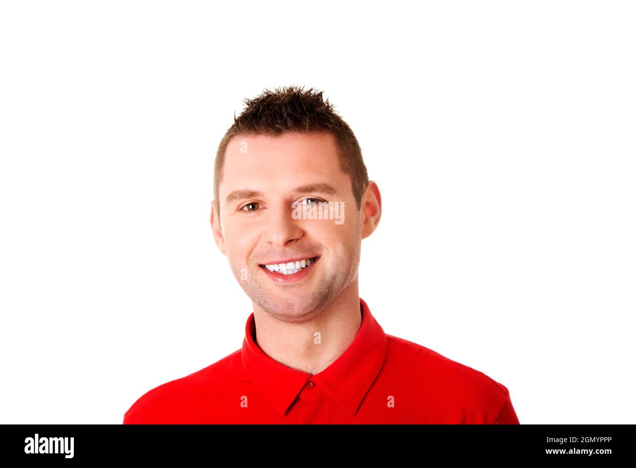 Cheerful handsome Polish man wearing red polo isolated on white