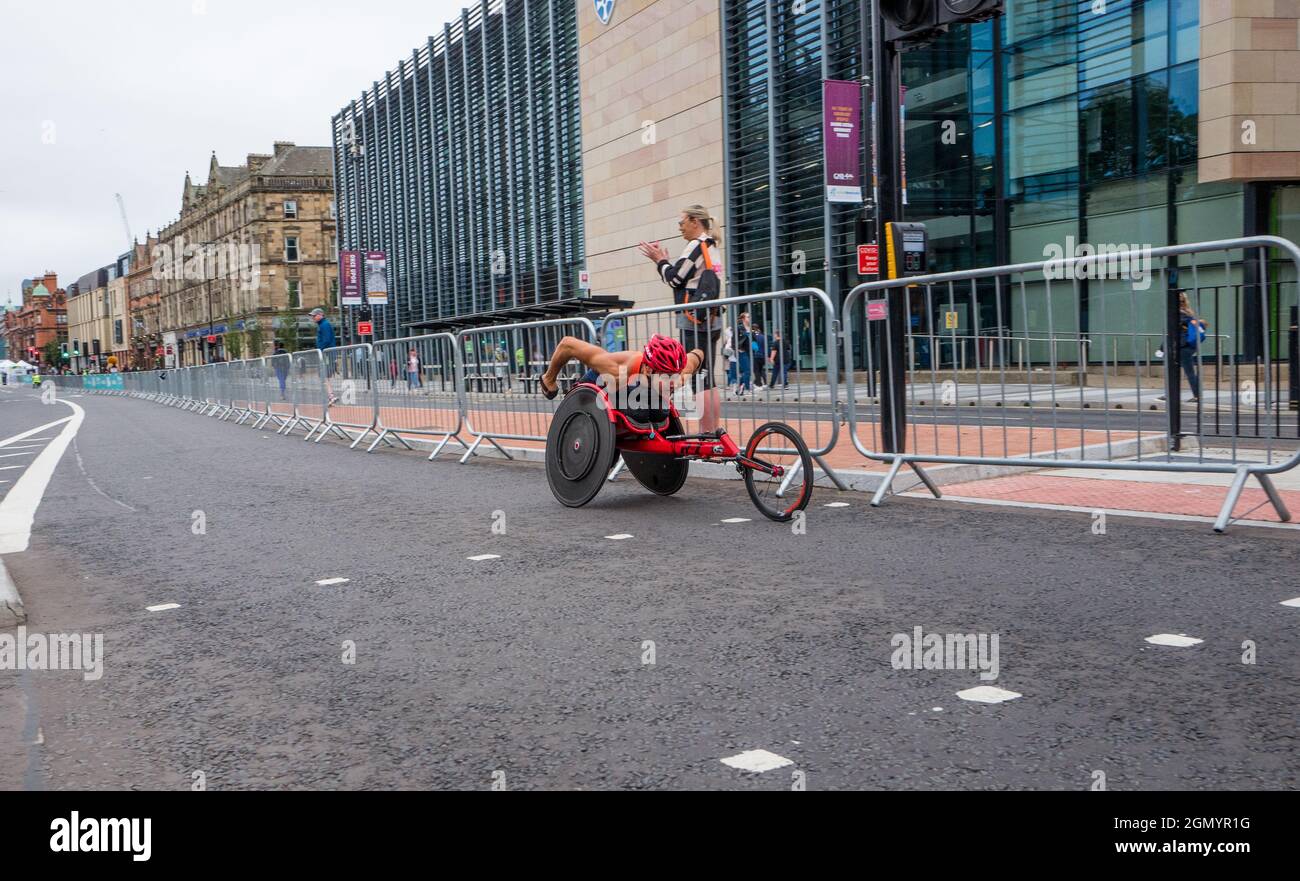 Elite wheelchair athletes competing in the 2021 Great North Run, GNR40 around Newcastle city center. Stock Photo