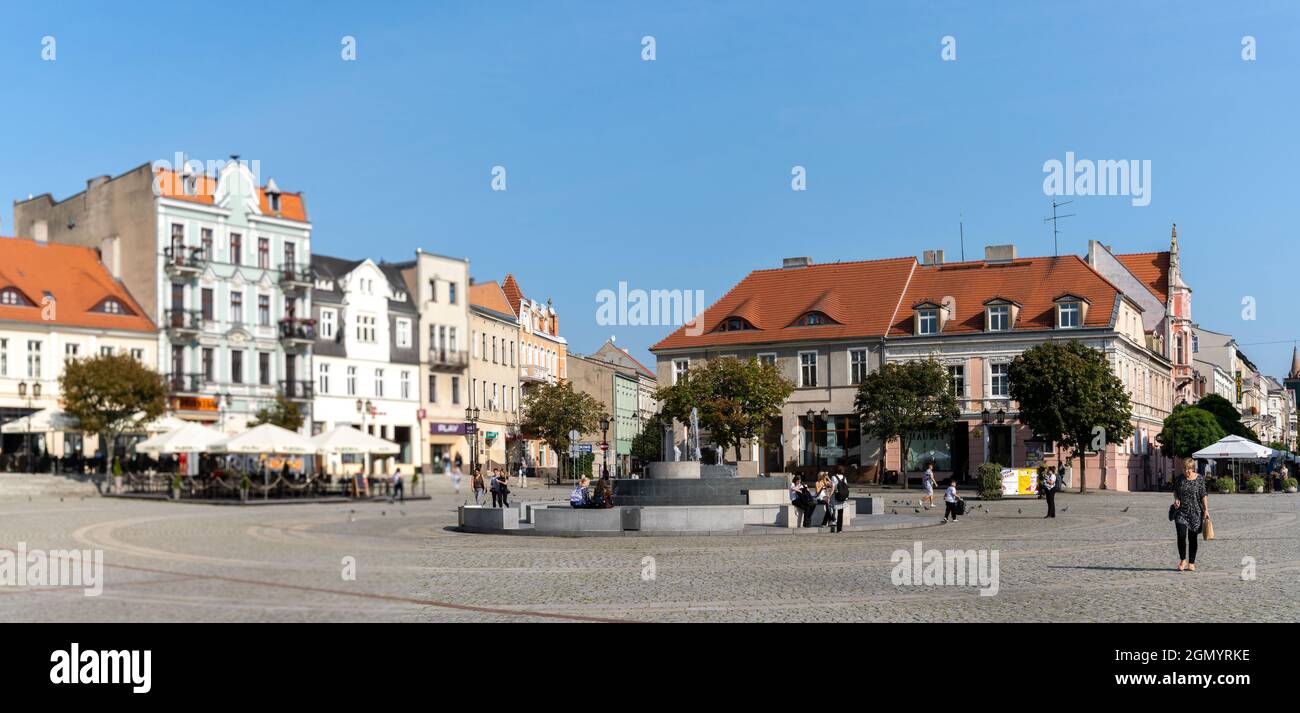 Gniezno, Poland - 7 September, 2021: main city square in Gniezno with historic buildings and fountain Stock Photo