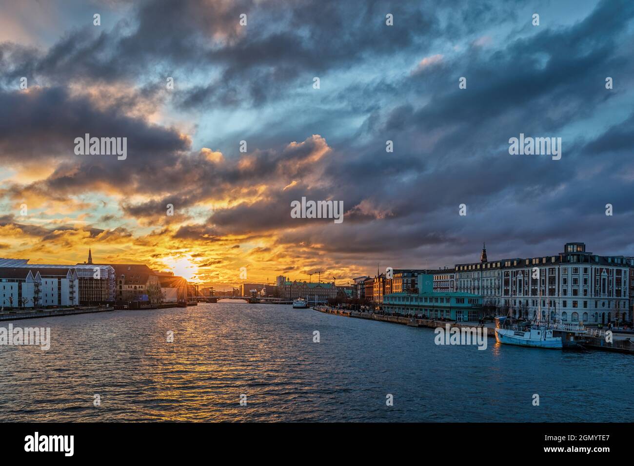Sunset at Copenhagen harbor, Denmark Stock Photo