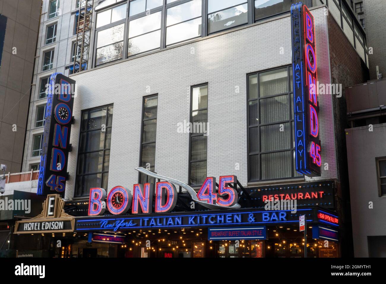 Bond 45 Italian Kitchen and Bar Sign is on West 46th Street in Times