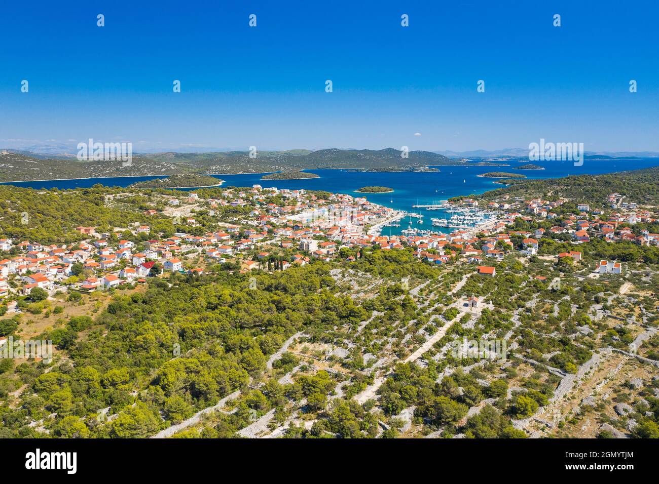 Town of Jezera, Murter island archipelago, Dalmatia, Croatia, aerial view Stock Photo