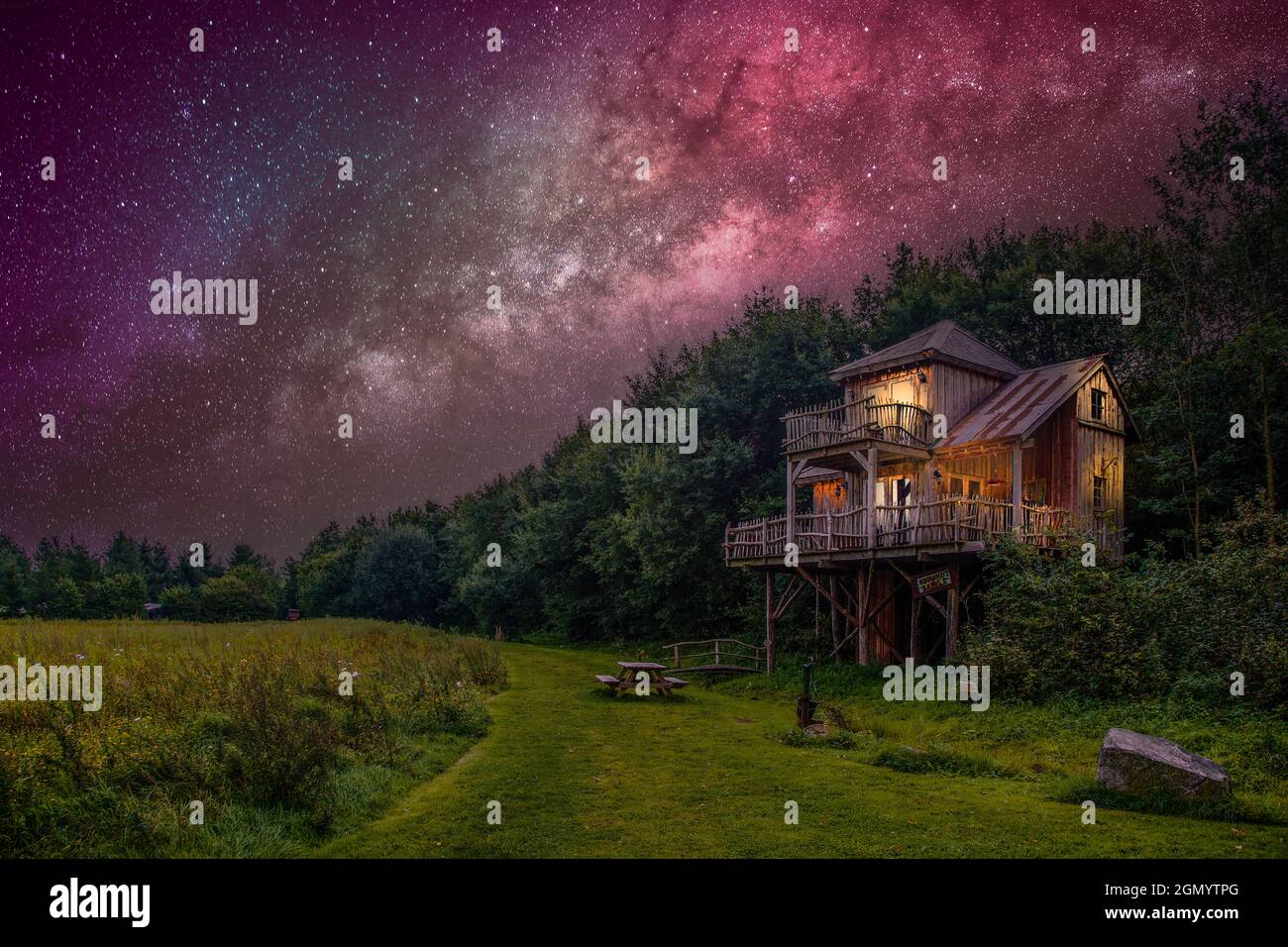 Night scene of a tree house on a forest edge and path along flower meadow with warm yellow lamplight shining through the windows Stock Photo