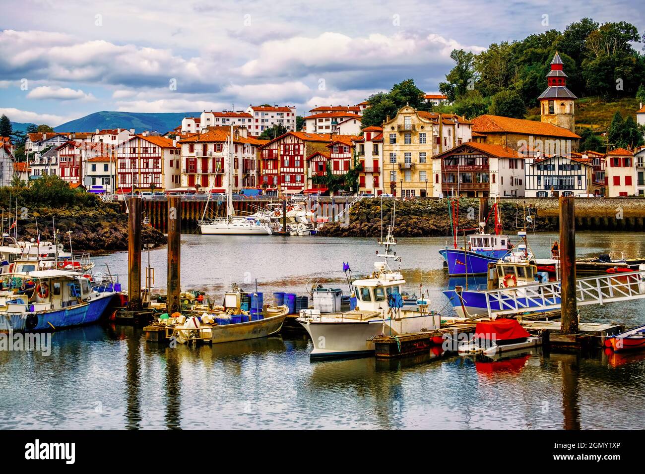 Colorful traditional basque houses in port of Saint-Jean-de-Luz Old Town, France Stock Photo