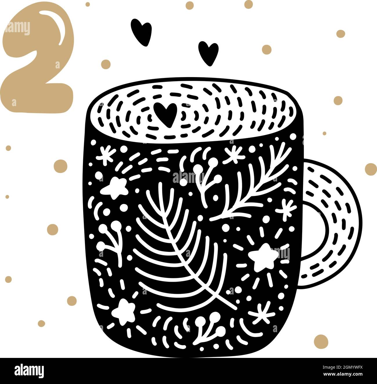 Advent calendar with cute scandinavian hand drawn vector. Twenty-four days before Christmas. Second Day. Illustration of winter cup with hearts Stock Vector