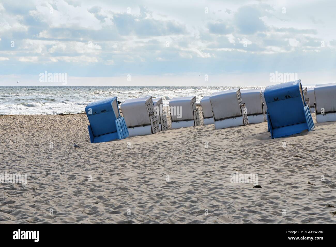 Beach chairs in blue and white from behind standing slanted on the sand in front of the waves on the shore of the Baltic Sea, sunny sky with clouds, c Stock Photo