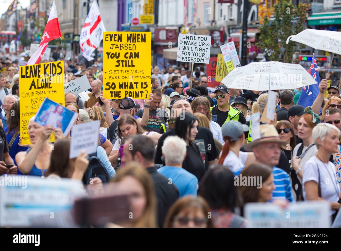 People against Covid-19 vaccine mandates, health passport and restrictions march during a Rally for Freedom in London, Saturday, 18 September 2021. Stock Photo