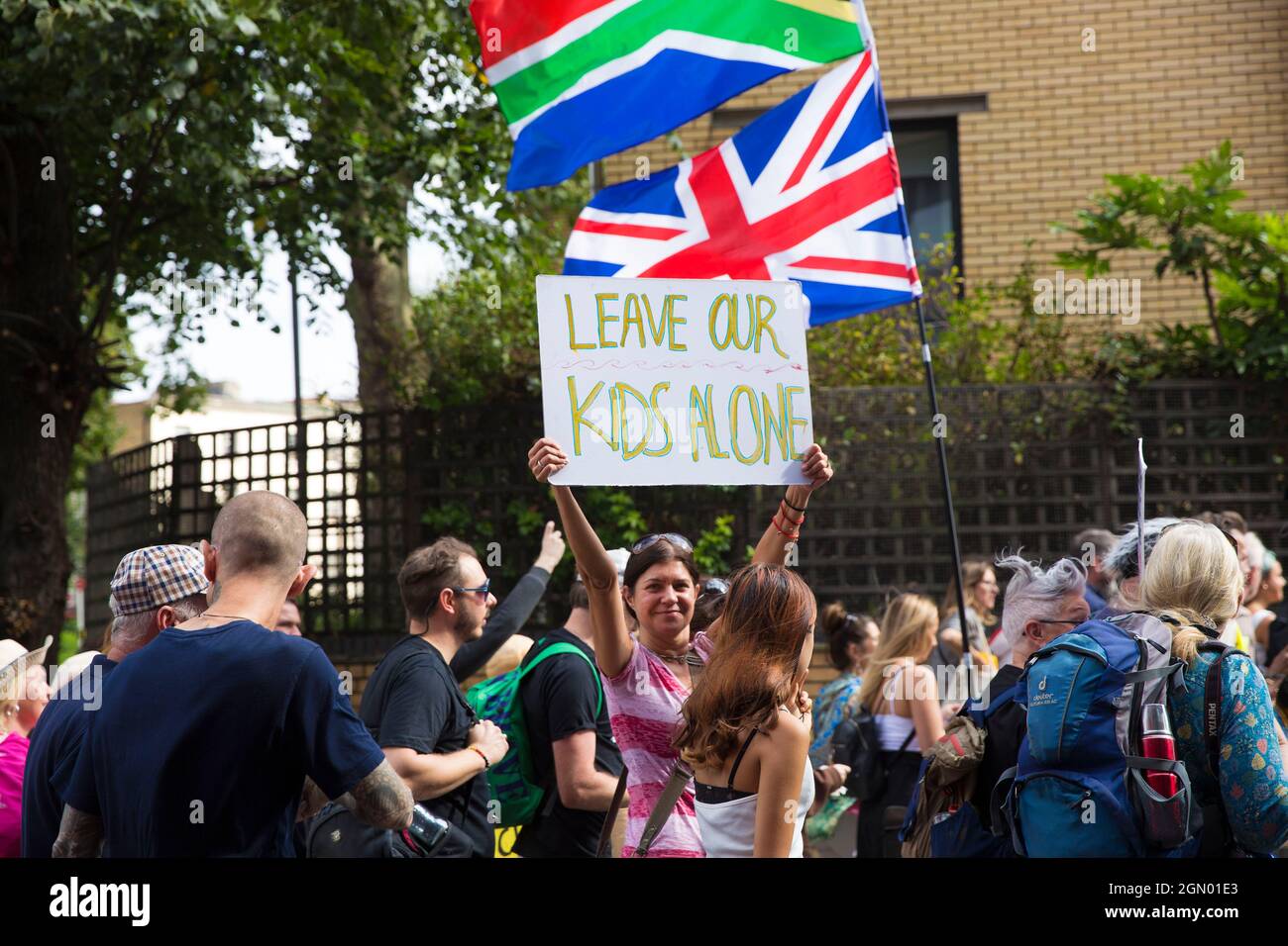 People against Covid-19 vaccine mandates, health passport and restrictions march during a Rally for Freedom in London, Saturday, 18 September 2021. Stock Photo