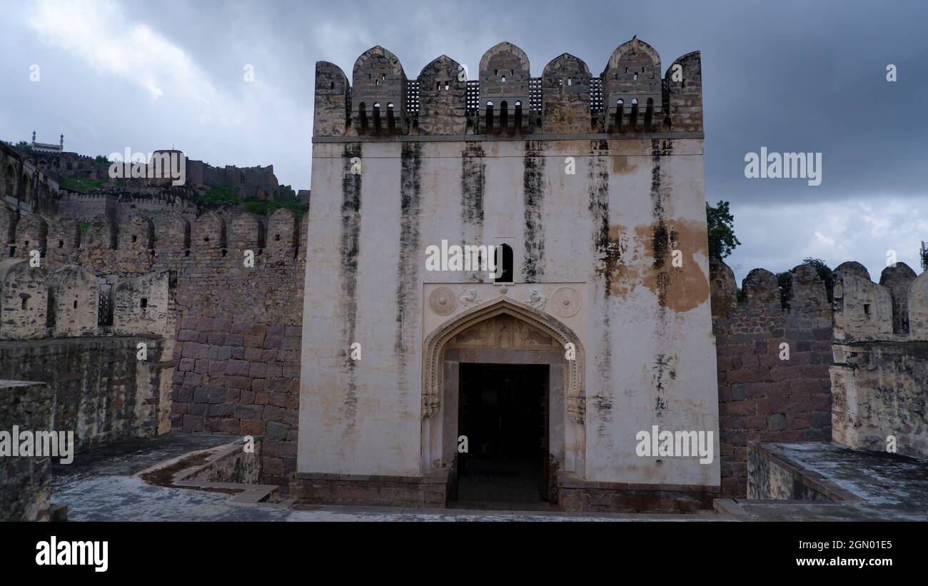 5th Sep 21, Golkonda fort, Hyderabad, India. Tourists at Bala Hissar Gate or Darwaza, the main entrance to Golconda fort. It has a pointed arch border Stock Photo