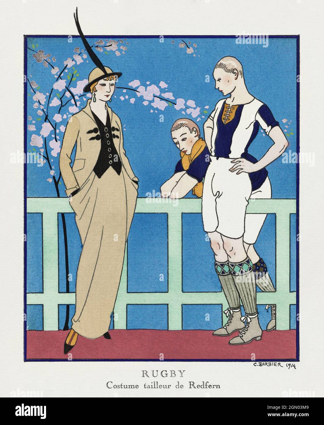 Rugby: Costume tailleur de Redfern from Gazette du Bon Ton No. 4 Pl. 39 (1914) fashion illustration in high resolution by George Barbier. Stock Photo