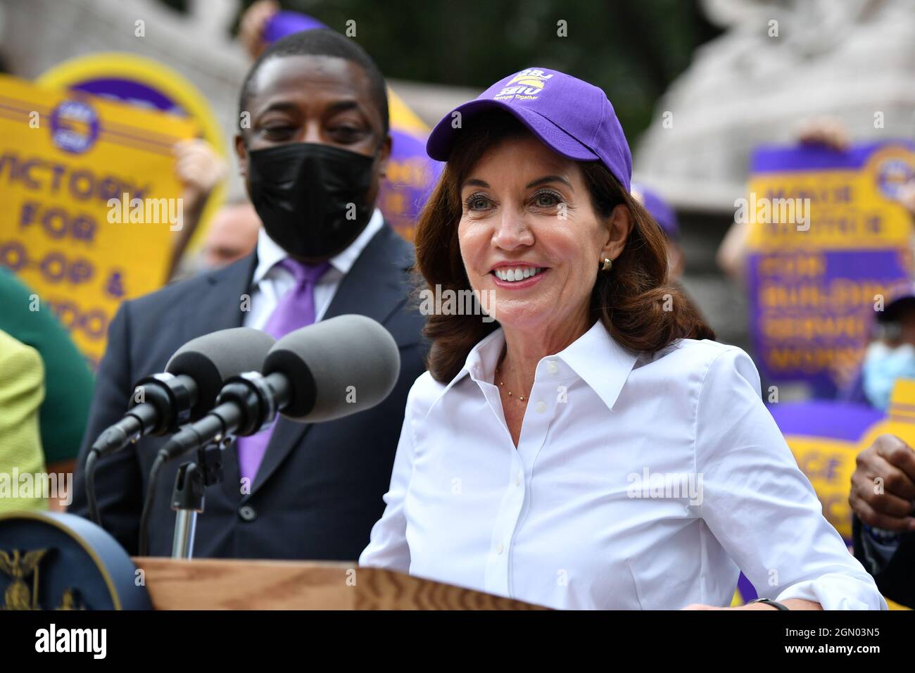 Governor Hochul attends a rally with SEIU 32BJ leadership to highlight recently signed legislation to increase wages for essential service workers on Stock Photo