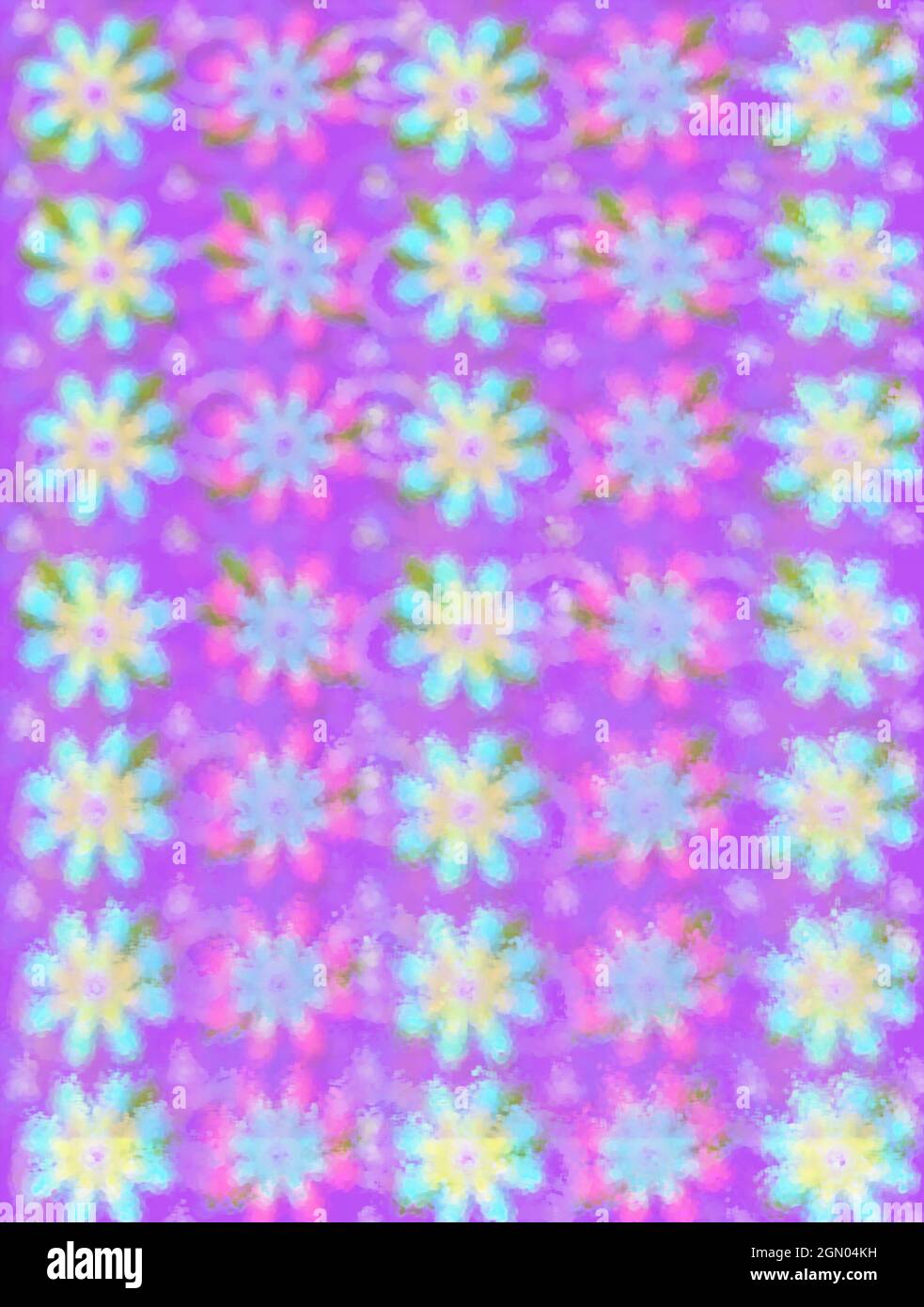 Soft outline of daisy-like flowers fill background image. Purple peeks ...