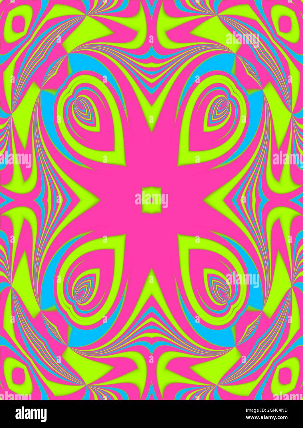 Liquid lines of blue, pink and green swirl to form abstract flower in center of image.  Center is lime green on pink. Stock Photo