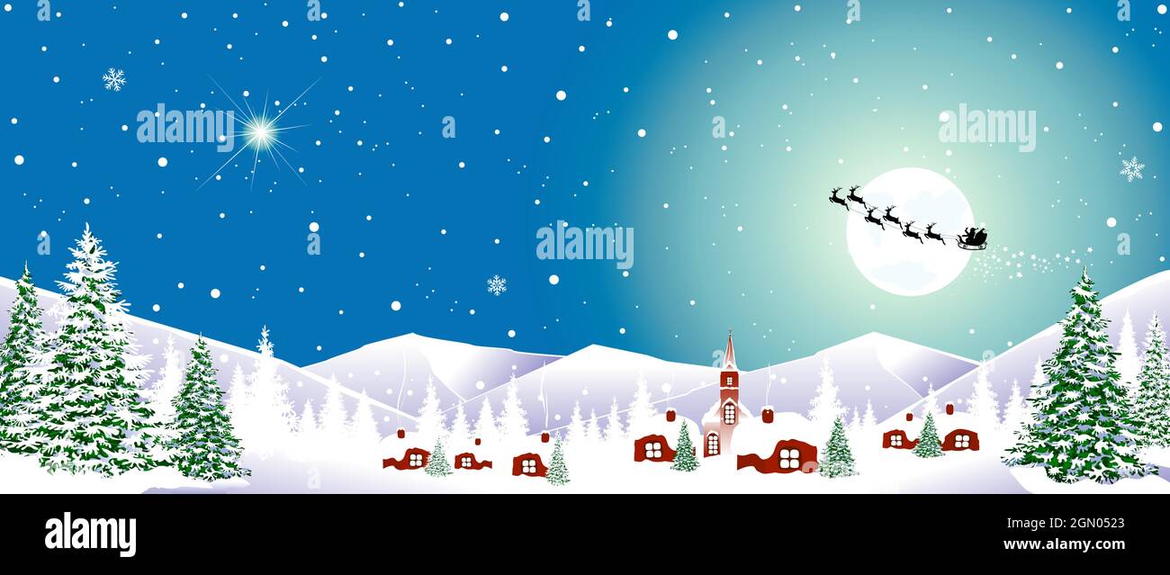 Houses, village, church, forest. Winter rural landscape. Snow-capped mountains. Christmas Eve. Snowflakes in the night sky. Santa Claus on a sleigh wi Stock Vector